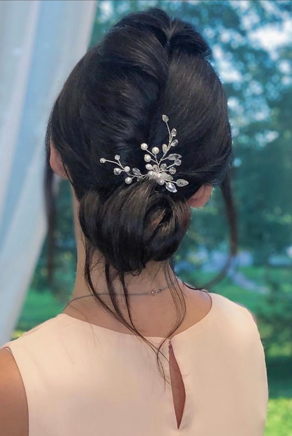 Crystal Bridal Hair Comb: Silver Leaves, Pearl Wedding  display picture 3
