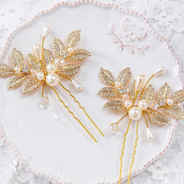 Wedding Hair Pins Hair accessories Golden Leaves hair piece comb crystal hair pins Hair Jewelry pearls