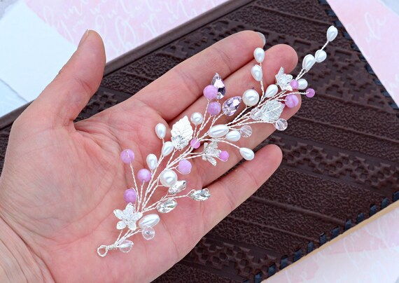 Lilac Wedding Hair Vine, Bridal Silver Hairpiece, Pearl  display picture 1