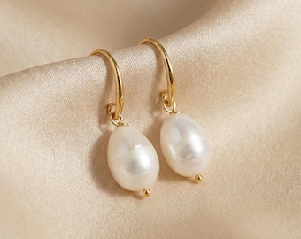 Large Freshwater pearl Bridal drop earrings, gold plated wedding jewelry, Bridesmaid gift