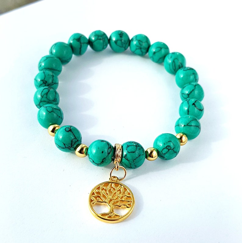 Natural beaded bracelet Howlite beads Life Tree gold plated jewelry gold findings Birthday Gift