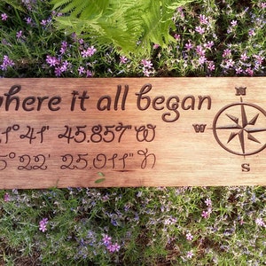 Where it all began Latitude Longitude Sign, Coordinates Wooden Sign, Custom Wood Sign, GPS Sign, Wedding Gift, Anniversary Present