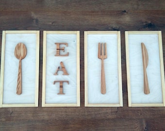 16'' Set of four Wall Hanging signs, Fork Spoon Knife and EAT Wooden Signs, House sign, Kitchen Sign, Home Decor, Handcrafted sign, Wall art