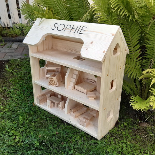 Maison de poupée en bois de 3 étages avec 16 meubles et 7 poupées familiales, maison de poupée en bois d'épicéa naturel, personnalisée avec le nom de vos enfants