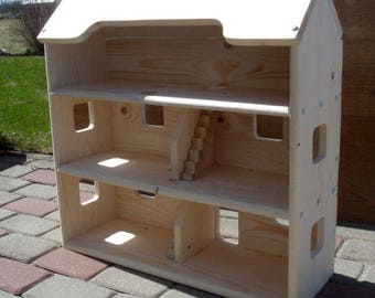 Wood Doll House, Handmade Wooden Kids Toy, Natural Spruce Wooden Dollhouse with 3 Floors, Personalized with your kids name