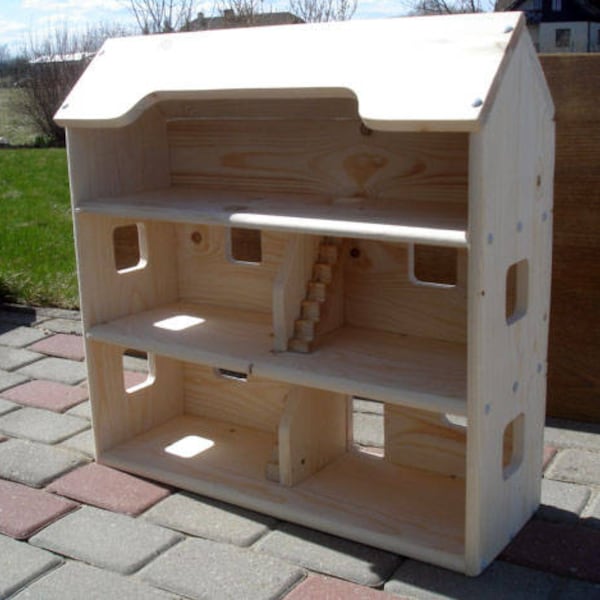 Maison de poupée en bois, jouet pour enfants en bois fait à la main, maison de poupée en bois d'épicéa naturel avec 3 étages, personnalisée avec le nom de vos enfants