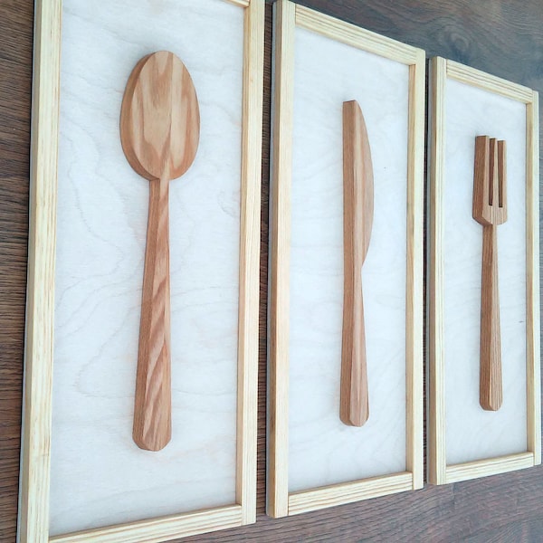 16 '' Couteau, fourchette et cuillère Décor de cuisine, Enseigne murale, Décolleté de maison en bois