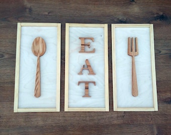 Wooden Kitchen Wall Hanging sign 16'', Fork Spoon EAT Wooden Signs, House sign, Kitchen Sign, Home Decor, Handcrafted sign, Wall art