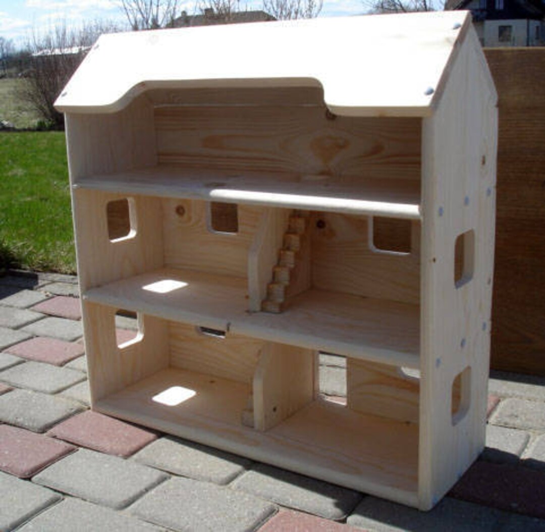 Wood Doll House With Furniture and Happy Doll Family, Handmade Wooden ...