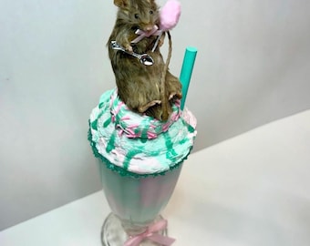 Taxidermy Mouse Milkshake Cotton Candy Whimsical Fun OOAK Oddities Preserved Curiosities Art Decor Pink Faux Dessert Ice Cream Sundae