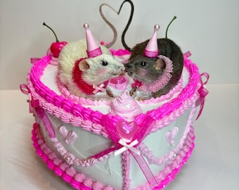 Taxidermy Rats Valentines Heart Cake Pair Whimsical Fun One of a Kind Oddities Curio Decor Preserved Curiosities Art Sculpture Pink