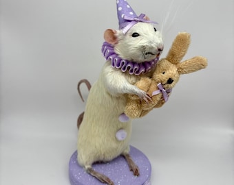 Rat Taxidermy Purple Clown Whimsical Fun OOAK Oddities Preserved Curiosities Art Circus Decor with Bows and Bunny Bear Teddy
