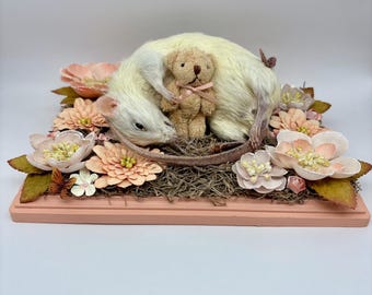 Sleeping Rat Taxidermy | Flowers Moss Bunny Teddy Bow Lace Whimsical Cute OOAK Oddities Preserved Curiosities Art Coquette Cottagecore Decor