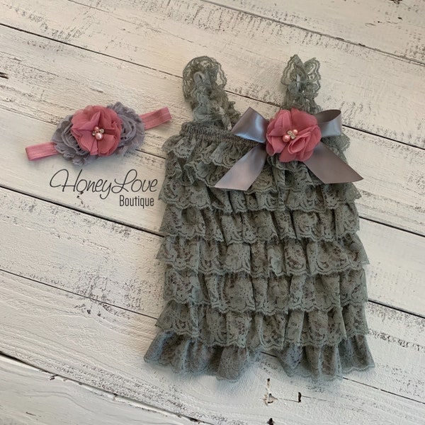 Gray Lace Petti Romper, Vintage Pink Dusty Rose Mauve romper, matching flower headband rhinestone pearl, newborn infant toddler baby girl