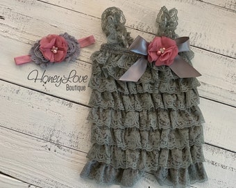 Gray Lace Petti Romper, Vintage Pink Dusty Rose Mauve romper, matching flower headband rhinestone pearl, newborn infant toddler baby girl