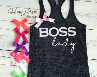 BOSS lady - Choose bow color! inspirational tank, motivational gym workout shirt, running burnout racerback, gym tank, Women's S-2XL