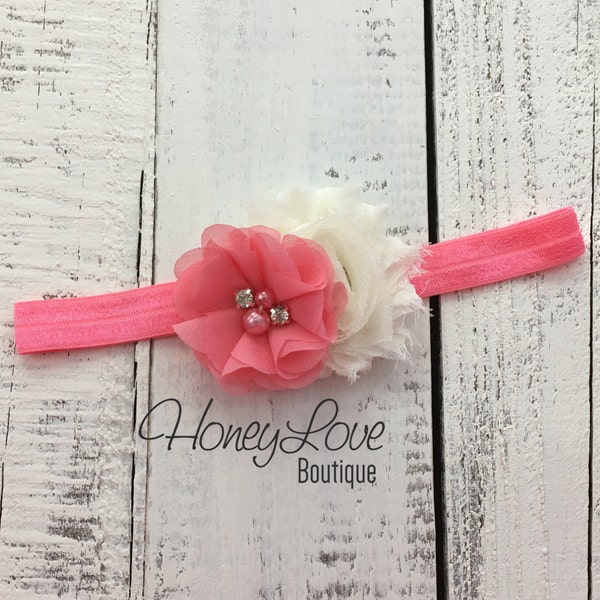 Coral Pink and Ivory shabby chiffon flower rhinestone pearl headband bow, elastic head band pearls newborn infant toddler little baby girl