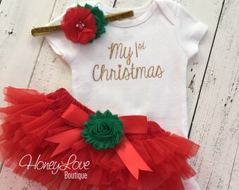 1st Christmas Set GOLD or SILVER bodysuit, red green flower glitter headband bow, tutu skirt bloomers infant baby girl First Santa Outfit