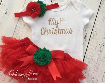 My 1st Christmas Outfit Girl, My First Christmas, Baby's 1st Christmas, Christmas Tutu Outfit, Red Green Gold Glitter, Christmas Bloomer Set