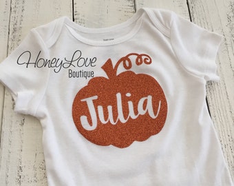 Thanksgiving Fall Halloween, Personalized name pumpkin glitter shirt bodysuit, copper orange newborn infant toddler baby girls little girl