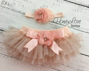 Peach gold glitter ruffle tutu skirt bloomers, flower rhinestone pearl headband bow, newborn infant toddler baby girl take home hospital