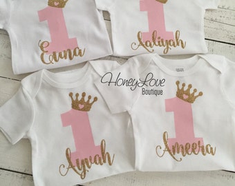 Personalized NAME - number 1 one tiara princess crown gold glitter shirt bodysuit, First Birthday, 1st Cake Smash baby girl infant toddler