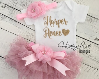 PERSONALIZED SET glitter name shirt bodysuit, pink gold ruffle tutu skirt bloomers, flower bow, newborn baby girl take home hospital outfit
