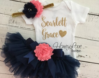 PERSONALIZED gold glitter bodysuit navy blue and coral pink embellished flower tutu skirt bloomer newborn toddler baby girl take home outfit