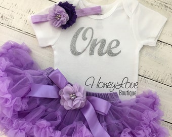 Eins - Silber Glitzer Zahl T-shirt, Lavendel Lila Pettiskirt Tutu Rock, Blumen Strass Haarband Erster Geburtstag 1