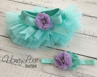 SET Mint/Aqua tutu skirt bloomers diaper cover, lavender purple flower headband, ruffles all around, newborn infant toddler little baby girl