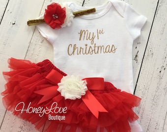 1st Christmas Set GOLD or SILVER bodysuit, red ivory flower glitter headband bow, tutu skirt bloomers infant baby girl First Santa Outfit