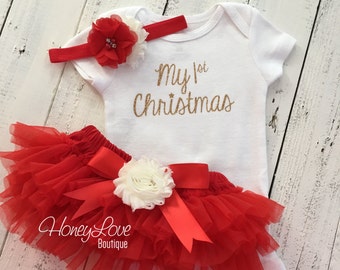 1st Christmas Set GOLD or SILVER glitter bodysuit, red ivory flower headband bow, tutu skirt bloomers infant baby girl First Santa Outfit