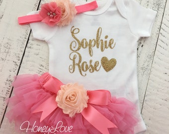 Personalisierter Gold Glitzer Body Koralle rosa und pfirsich verschönert Blumen Tutu Rock Bloomers Neugeborenen Kleinkind Baby Mädchen nehmen zu Hause Outfit