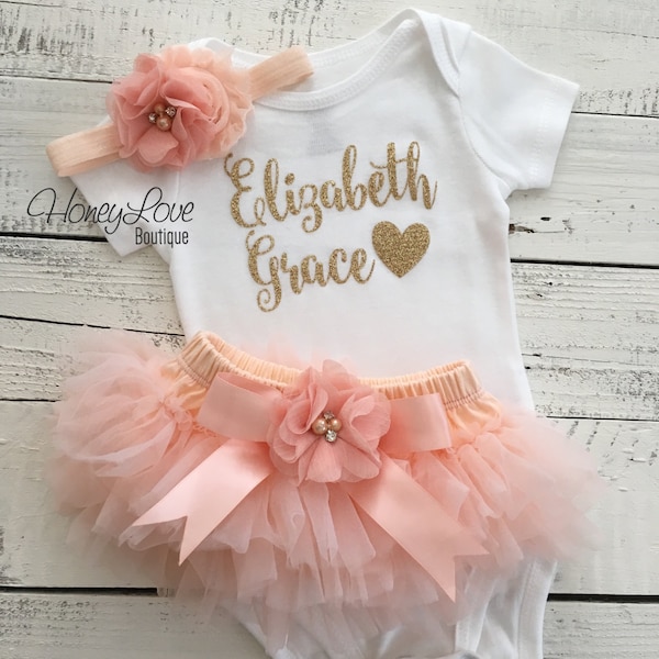 Personalized Baby Girl Clothes, Newborn Girl Coming Home Outfit, Take Home Outfit Girl, Newborn Hospital Outfit girl, peach and gold glitter