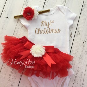 My 1st Christmas Outfit Girl, My First Christmas, Baby&#39;s 1st Christmas, Christmas Tutu Outfit, Red and Cream Tutu set, Christmas Bloomer Set