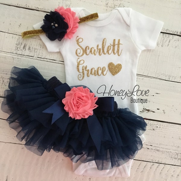 PERSONALIZED gold glitter bodysuit navy blue and coral pink embellished flower tutu skirt bloomer newborn toddler baby girl take home outfit