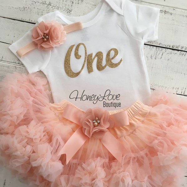 One - gold glitter bodysuit, embellished peach ruffle pettiskirt tutu skirt, flower rhinestone headband, girl First Birthday, 1st Cake Smash