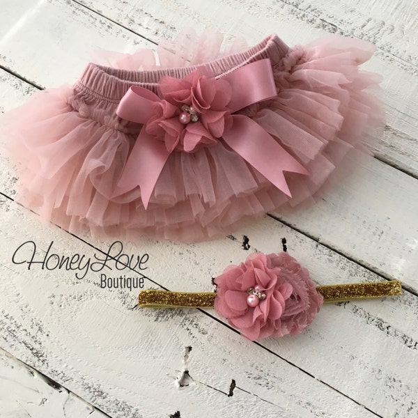 SET Vintage Pink Dusty Rose Mauve tutu skirt bloomers diaper cover, pearl rhinestone flower glitter headband bow, newborn toddler baby girl