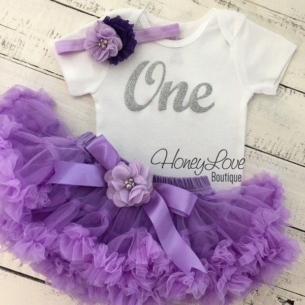 One - silver glitter number shirt, lavender purple pettiskirt tutu skirt, flower rhinestone headband First Birthday 1st Cake Smash baby girl