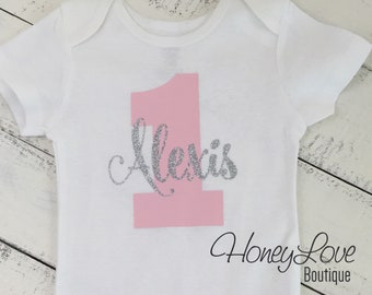 Personalized NAME - number 1 one light pink SILVER or GOLD glitter shirt bodysuit, First Birthday, 1st Cake Smash baby girl infant toddler