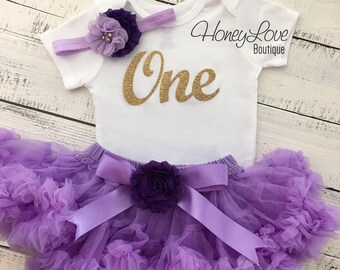 Eins - GOLD oder SILBER Glitzer Nummer Shirt, Lavendel Trauben lila Pettirock Tutu Rock, Blumen Stirnband Geburtstag Mädchen 1st Cake Smash