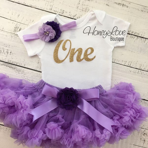 One - GOLD or SILVER glitter number shirt, lavender grape purple pettiskirt tutu skirt, flower headband First Birthday girl 1st Cake Smash