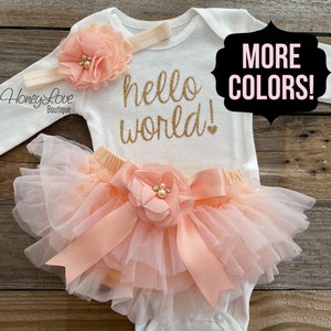 Hello World Baby Girl Coming Home Outfit, Take Home Hospital Outfit, Newborn Baby Girl Clothes, Newborn Girl Photo Outfit, Baby Shower Gift