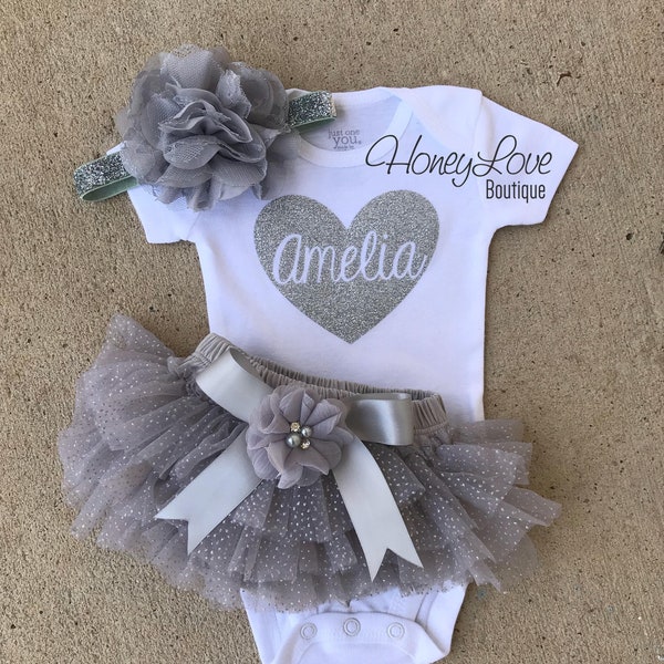 Personalized Baby Girl Clothes, Newborn Girl Coming Home Outfit, Take Home Outfit Girl, Newborn Hospital Outfit girl, silver glitter gray