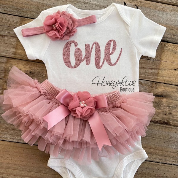 Baby Girl 1st Birthday Outfit, Rose Gold Glitter One, 1st Birthday Girl Tutu Outfit, Mauve Vintage Pink Dusty Rose Gold Tutu Skirt Bloomer