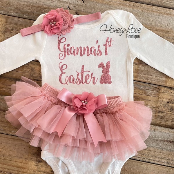 Personalized 1st Easter Baby Girl Outfit, Baby Girl First Easter Outfit, Easter Bunny, Rose Gold Glitter, Vintage Pink Dusty Rose Tutu Skirt