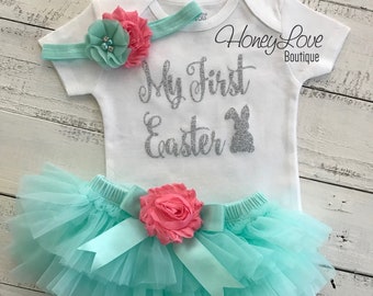 My First Easter outfit set baby girl SILVER or Gold glitter Easter Bunny bodysuit shirt coral pink mint aqua tutu skirt bloomer headband bow