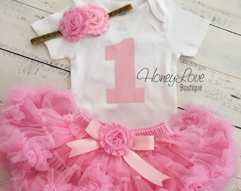 Geburtstags Outfit, Nummer 1 Shirt Body, hell rosa Tutu Rock Pettiskirt, Blumen Haarband Set, Geburtstagsparty Outfit, Partykleid