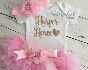 Baby Girl Coming Home Outfit, Personalized Coming Home Outfit Baby Girl, Take Home Outfit, Newborn Baby Clothes, light pink and gold glitter