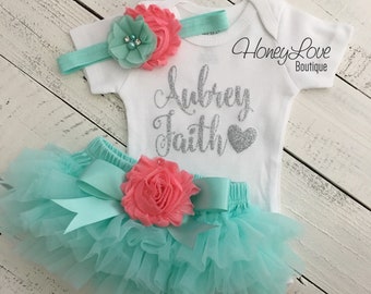 PERSONALIZED silver glitter shirt bodysuit, mint aqua coral flower tutu skirt bloomers, newborn infant baby girl take home hospital outfit